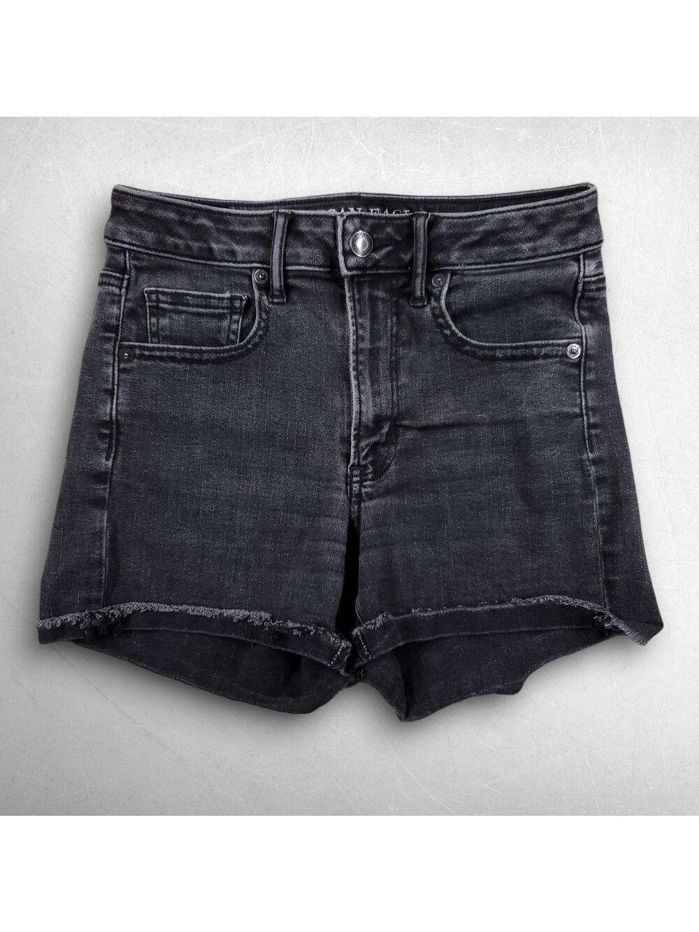 American Eagle Super High Rise Shortie‎ Shorts Women 2 Black Stretch Raw Hem Y2K